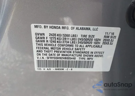 2017 Acura Mdx Advance Entertainment Pkgs from USA, damaged, VIN 5FRYD3H92HB005448